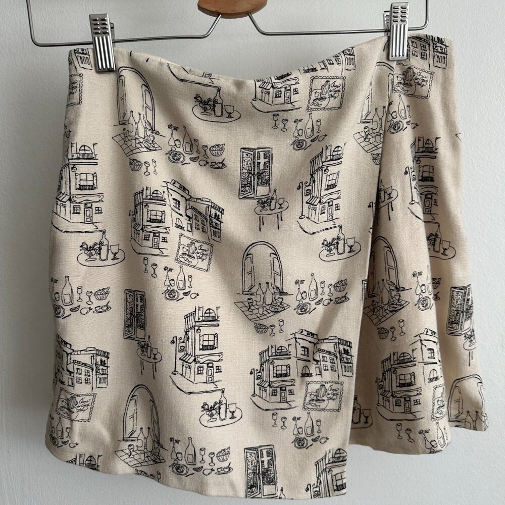 Scarlett Linen-Blend Wrap Mini Skort in Beige Italy Pattern